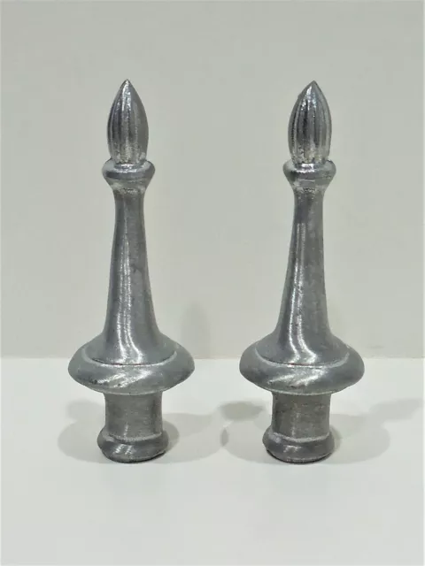 Pair Lamp Shade Finials - Large Pewter Tone Cast Metal (3-3/4" T x 1-1/2" W)