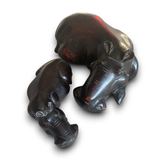 Wooden Carved Hippos Laying Down Set 
