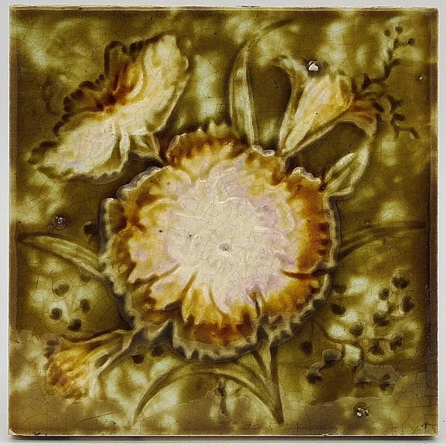 Antique Fireplace Tile Moulded Majolica Ambrose Brook C1900 AE2