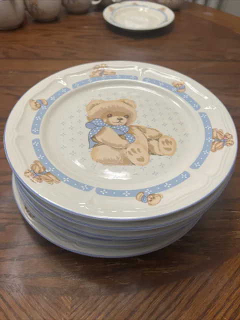 Set of 6 Tienshan Country Bear Stoneware Dinner Plates 10-3/4" Beige & Blue