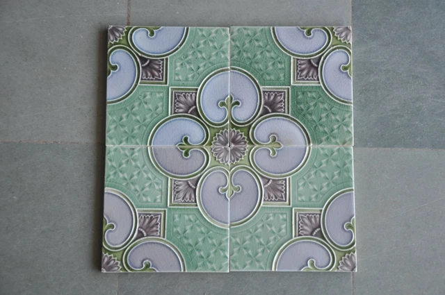 4 Pc Vintage Flower Embossed Fine Ceramic Tiles,England