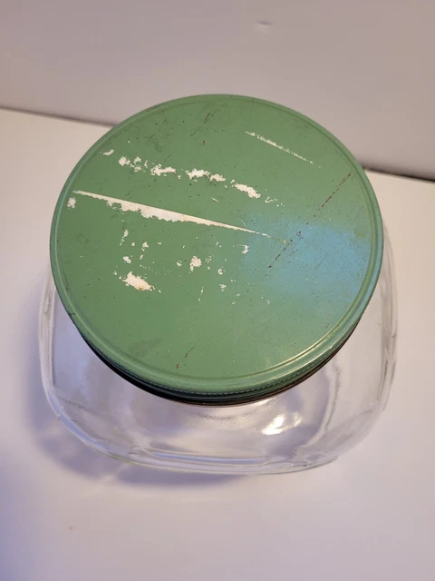 VTG Hoosier Style Jar 1 Gallon Storage Canister Square Glass  Green Lid.