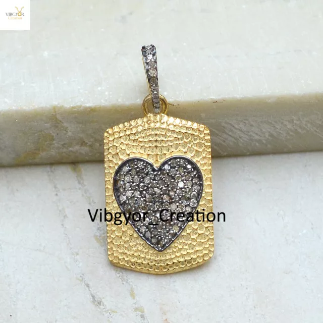 Natural Pave Diamond Heart Pendant Gold Plated Hammered 925 Silver Love Jewelry