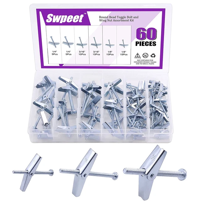 60 Pcs Toggle Bolt & Wing Nut Kit Assorted 1/8 Inch 3/16 Inch 1/4 Inch FREE SHIP