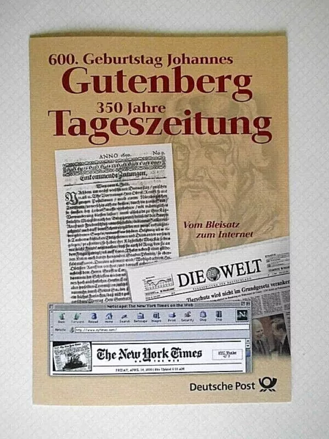 Beleg Ersttagsblatt BRD 2000 600. Geb. J. Gutenberg Mi. Nr.  2098+2123 Paare FDC