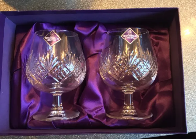 Pair Of Edinburgh Cut Crystal Brandy Glasses - Kingston- Old Fashioned, Boxed