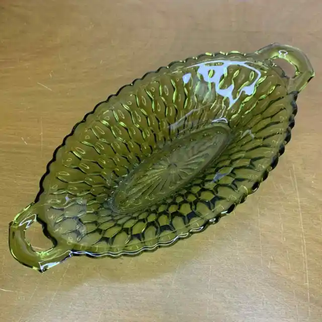 Green Honey Comb Pattern Glass Oval Dish Candy Dish Trinket Dish