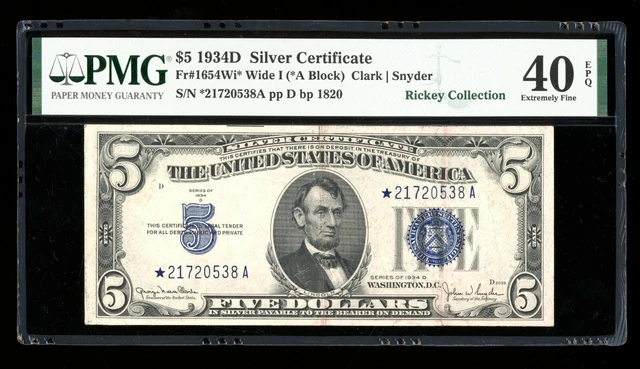DBR 1934-D $5 Silver STAR Fr. 1654Wi* Wide I PMG XF-40 EPQ Serial *21720538A