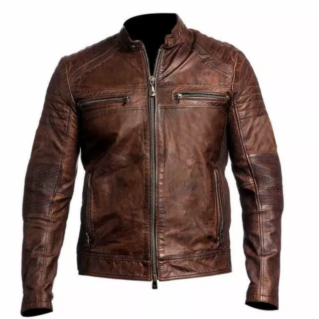 Men's Biker Vintage Motorcycle Distressed Brown Cafe Racer Leather Jacket