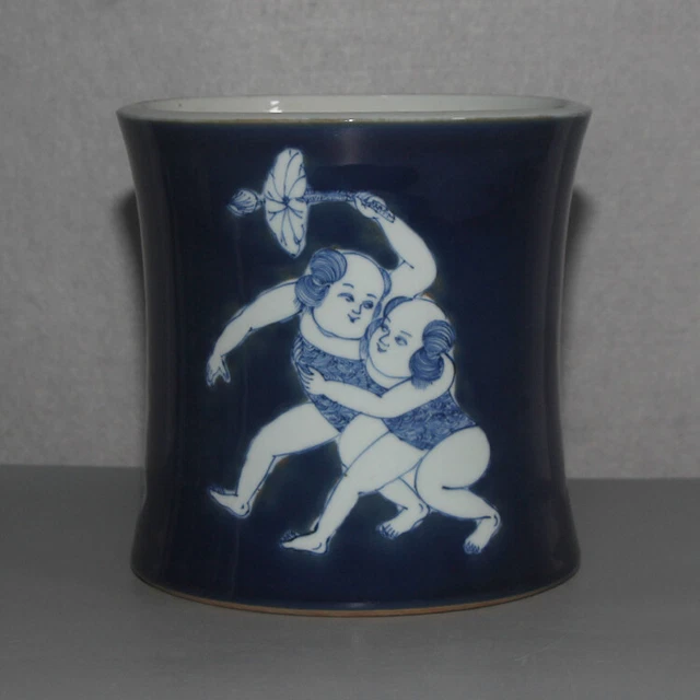 7.7" Collect Blue White China Porcelain Figure Baby Play Circular Brush Pot