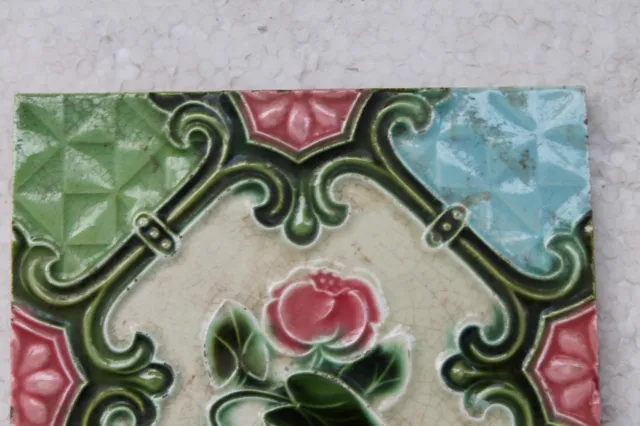 Vintage Tile Art Nouveau Majolica Pink Flower Design Architecture Tile Nh4437 2