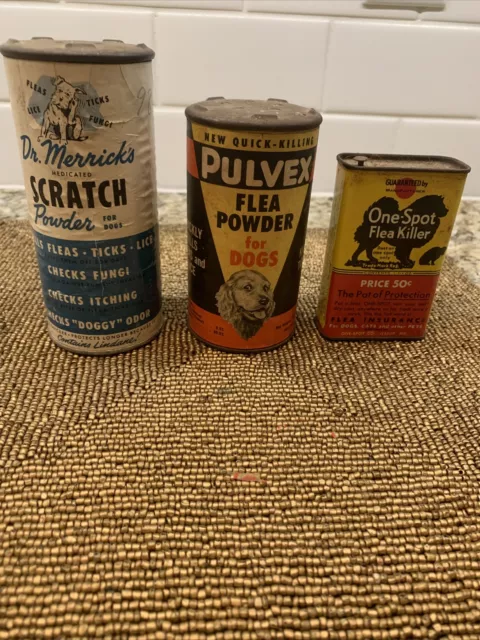 vintage 1940s 1950s PULVEX Flea Powder container/tin/can Lot 3 Merricks One Spot