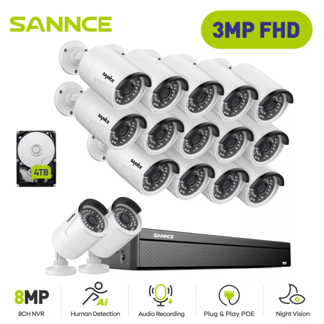 SANNCE 3MP CCTV Security System PoE IP Camera Audio In 4K 8MP 8 16CH Video NVR