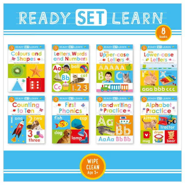 Ready Set Learn 8 Early Learning Wipe Clean Books Set Collection Colours Shapes