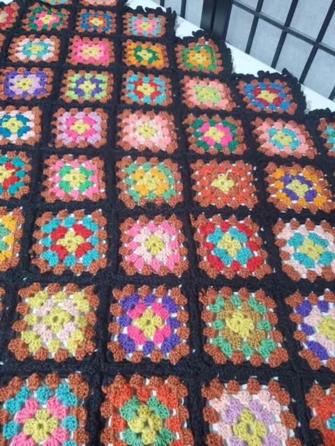 Vintage Granny Square Afghan Handmade Crochet Green Blanket Throw 58" x 46"