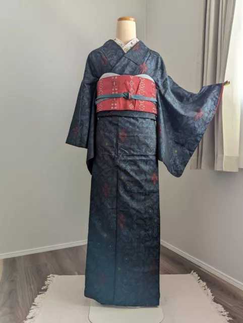 Japanese Kimono Silk Tsumugi Oshima Navy Floral Kimono only