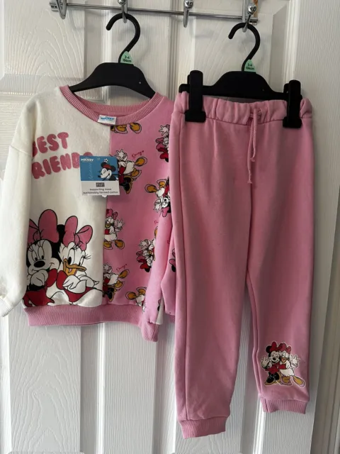 Girls Pink F&F Disney Minnie & Daisy Tracksuit 2 Piece Set Age 3-4 BNWT Joggers
