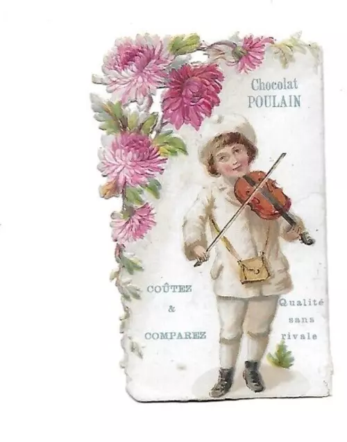 Chromo ancien publicitaire découpis CHOCOLAT POULAIN garçon au violon fleurs