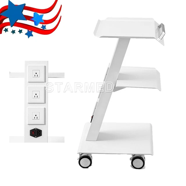 3 Tier Dental Trolley Medical Steel Tool Cart Built in Socket Rolling Casters