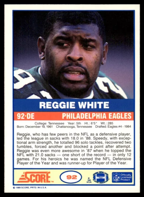 1989 SCORE REGGIE WHITE #92 Philadelphia Eagles HOF EUR 2,20 - PicClick FR