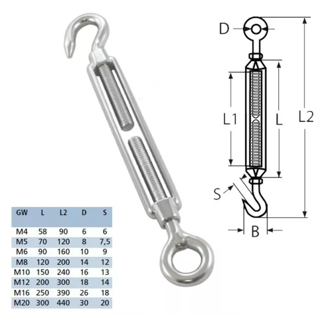 Inox Dispositif de Serrage Öse-haken V4A M4-M20 Câble Traction Tendeur Corde