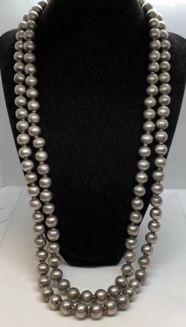 VTG Taxco Mexico Sterling Silver Double Strand 10mm Ball Bead Necklace 26" - 27"