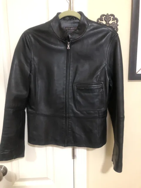 Tahari Lamb Leather Black Jacket Zip Front Size Medium Excellent Condition