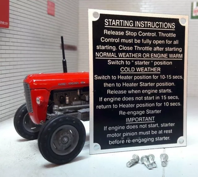Massey Ferguson MF165 165 Tracteur Démarrage Instructions Plaque & Rivets 1965>