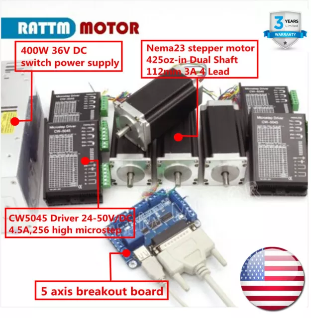 【USA】4Axis Nema 23 425oz.in 3A Stepper Motor Driver LPT Mach3 Controller CNC Kit