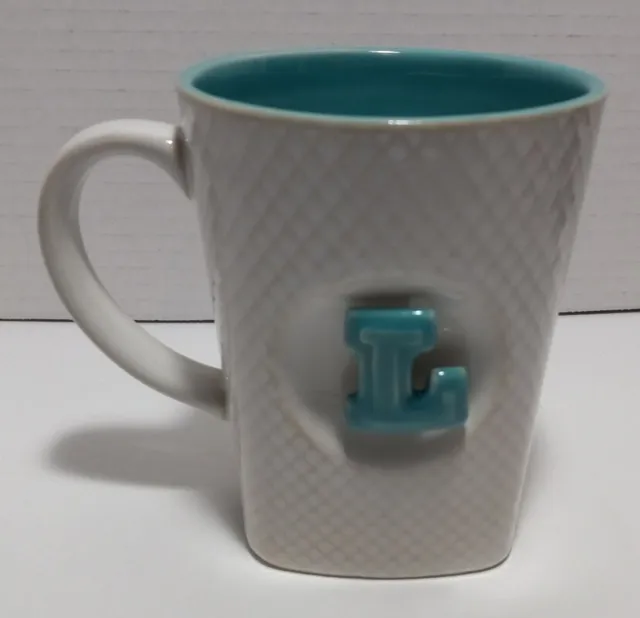 Initial L Mug Food Network Stoneware White Turquoise Java Cup 3D Letter Monogram