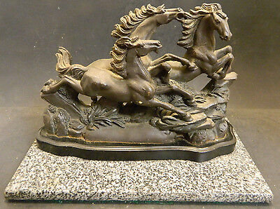 Vintage Beautiful Metal 3 Wild Horses Running Statue on Wood & Marble Base Excel