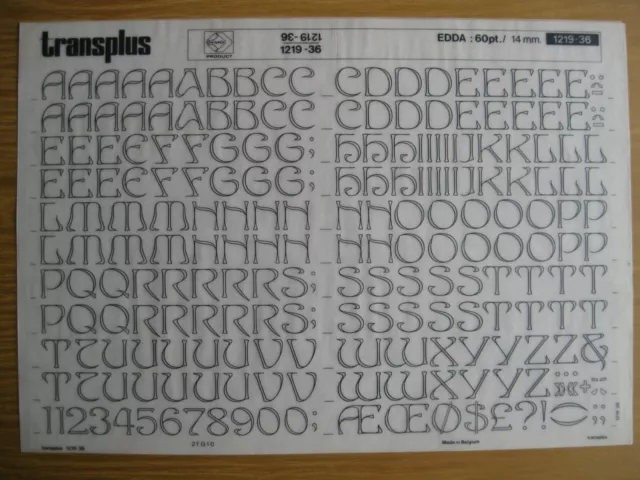.1 x Dymo Transplus (like Letraset)  Upp & Num EDDA 60pt 14mm  Sheet 1219-36 :