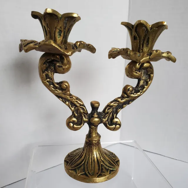 Vintage Double Arm Ornate Brass Candlestick Candle Holder with Flower Petal Cups