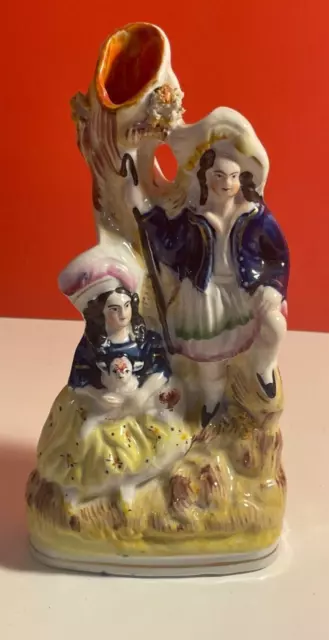 Antique Victorian English Staffordshire Pottery Spill Vase Couple with Dog