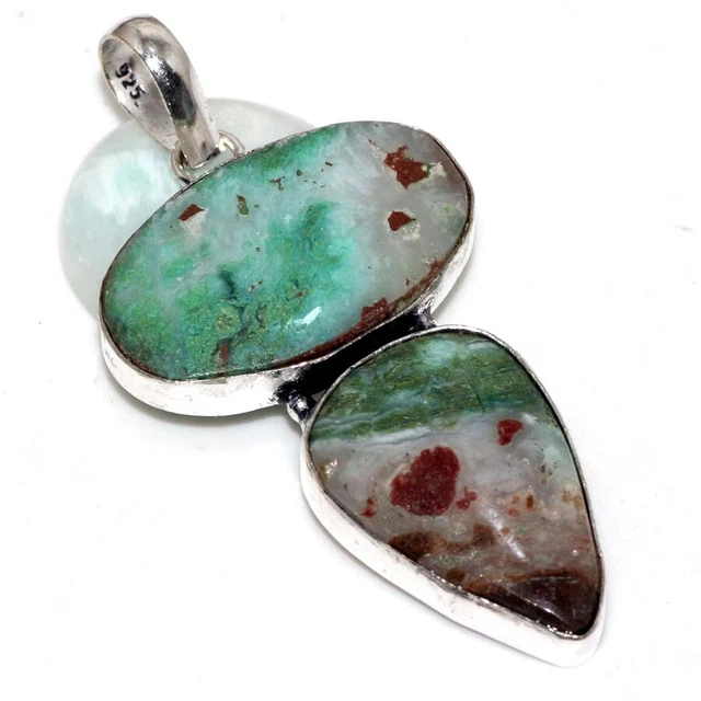 925 Silver Plated-Chrysoprase Ethnic Gemstone HandmadePendant Jewelry 2.5" AU y9