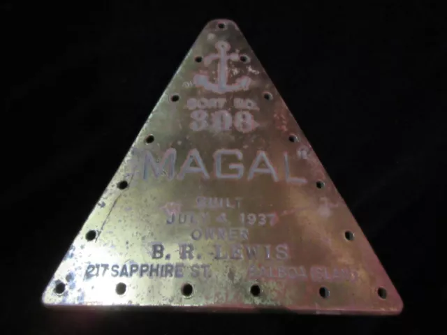 Antique 1937 Brass Metal Boat/Ships Identification Plaque