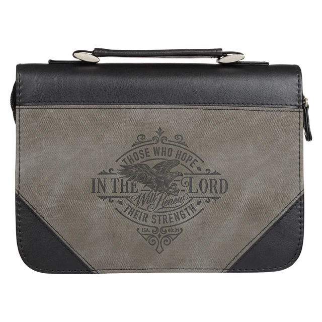 Gray/Black Men's Faux Leather Bible Cover Case: Hope in the Lord - Isaiah 40:31