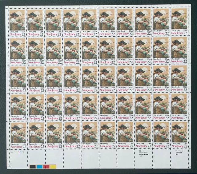 Scott 2338 NEW JERSEY STATEHOOD Sheet of 50 US 22¢ Stamps MNH 1987