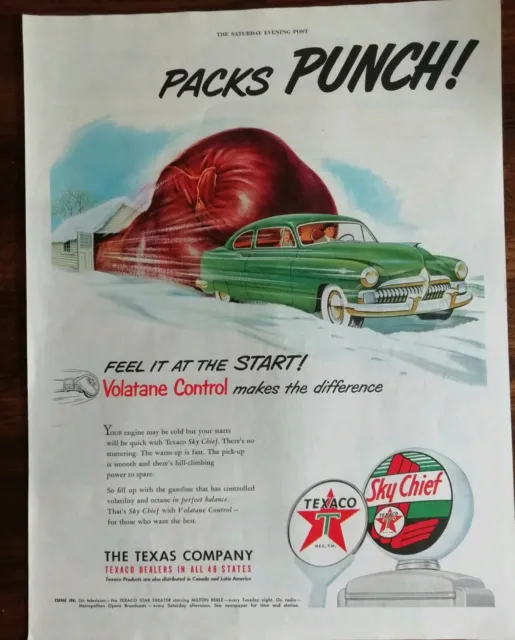 Original VINTAGE 1950s TEXACO SKY CHIEF GASOLINE MAGAZINE AD "Packs Punch"