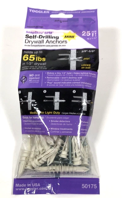 TOGGLER SnapSkru SPM Mini Self-Drilling Drywall Anchor with Screws, Holds 65 Lbs