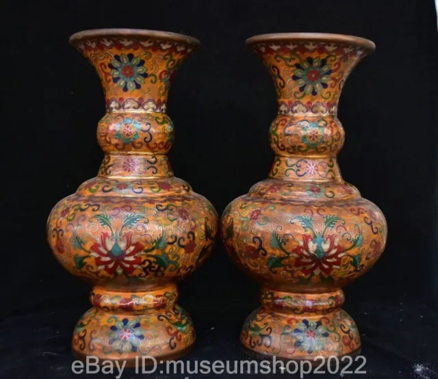 13.6 " Marked Old China Bronze cloisonne Dynasty Flower Pattern Vase Bottle Pair