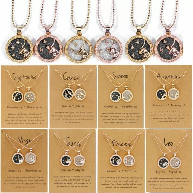 12Constellation Day Night Zodiac Sign Star 925 Silver Necklace Pendant Choker