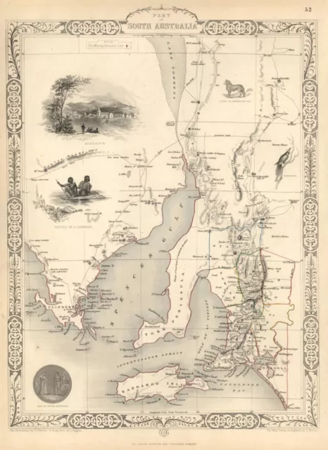 South Australia Adelaide Kangaroo Island Tallis 1851 decorative vignette map