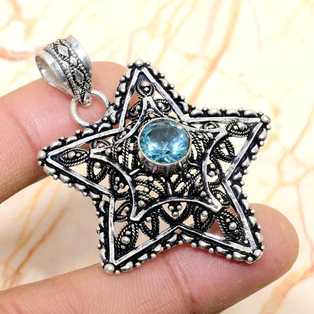 Swiss Blue Topaz Gemstone Handmade Gift Jewelry Pendant 1.96" G901