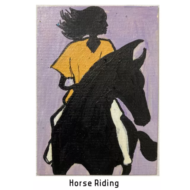 ACEO ORIGINAL PAINTING Mini Collectible Art Card Animal People Horse Riding Ooak