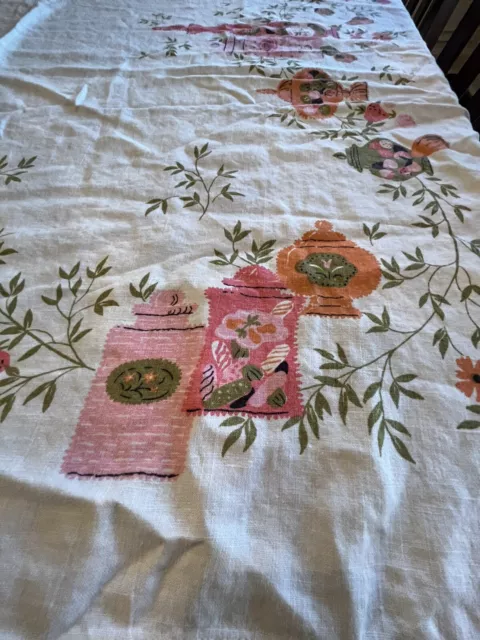 Rare Vintage MCM Linen Tablecloth 64” x 48" Pink Candy Jars Basket Fruit 2