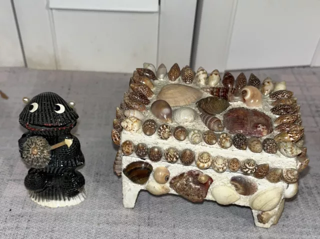 Vintage Maritime Seashell Shell Folk Art Trinket Dresser Box And Figure Person