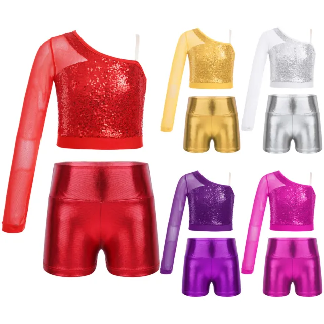 Girls Clothes Set Cheerleading Outfit Tops Costume Shiny Crop Top Long Sleeve