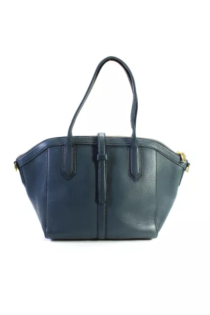 J Crew Womens Pebbled Leather Zippered Top Handle Handbag Navy Blue Gold Tone