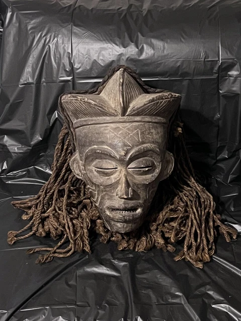 Antique African Chokwe Mask Tribal Worn Carved Congo Art Woven Headress